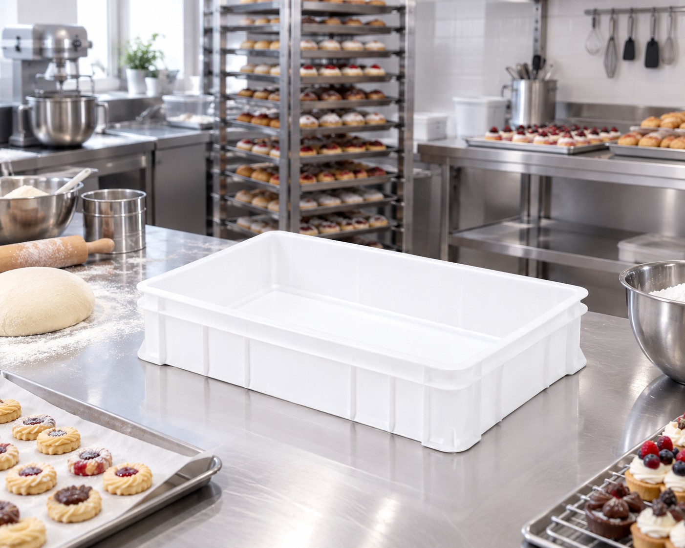 Stackable crate 60x40x13.5 cm, for dough, white